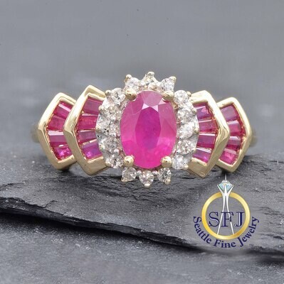 Ruby and Diamond Halo Ring, Solid 10k Yellow Gold