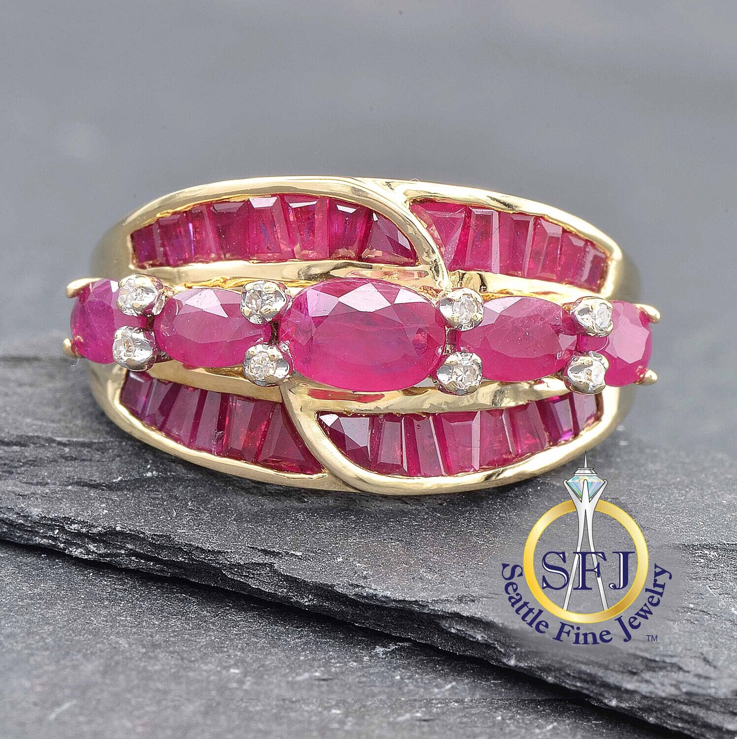 Ruby and Diamond Triple-Row Ring, Solid 14K Yellow Gold