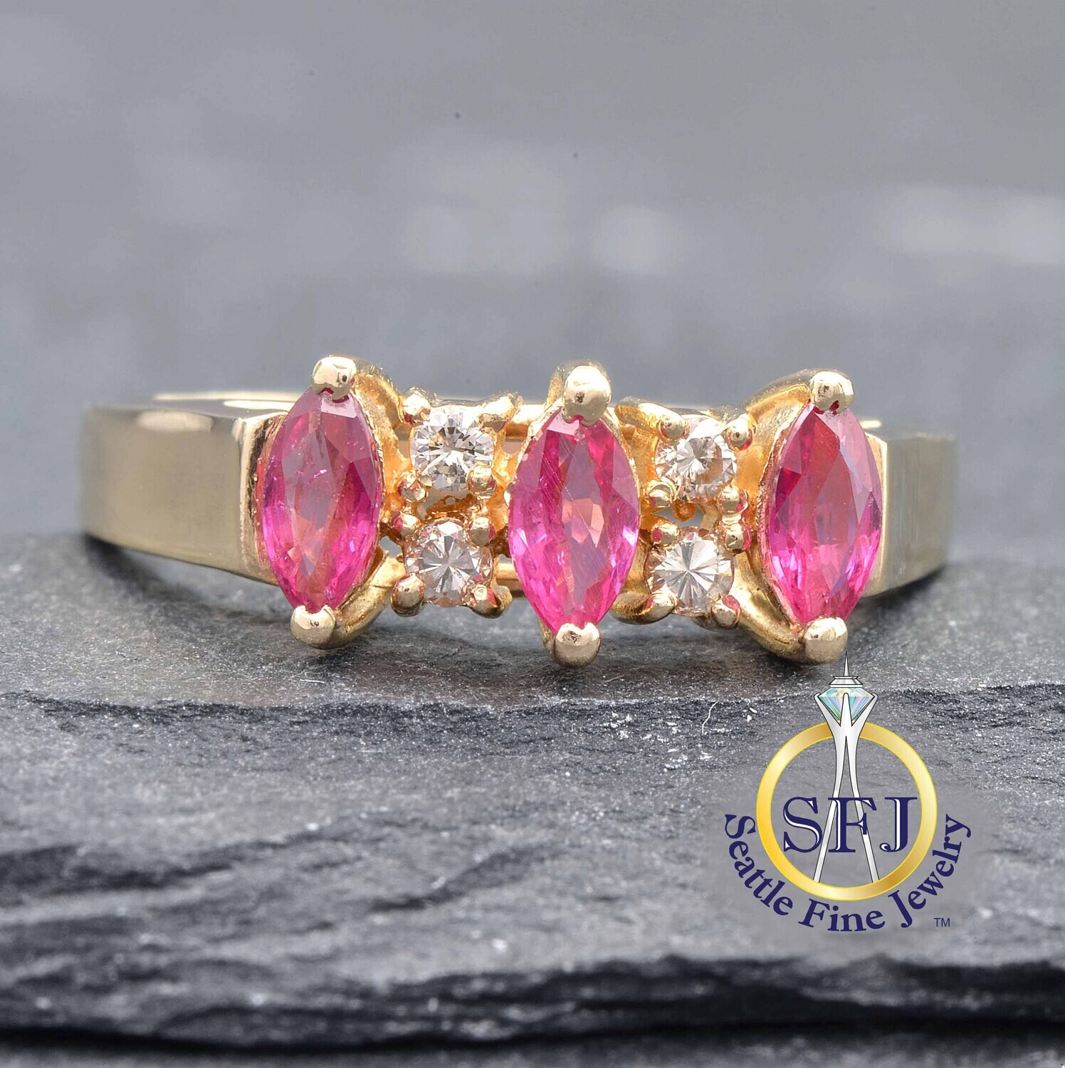 Marquise Ruby and Diamond 3-Stone Ring, Solid 14K Yellow Gold