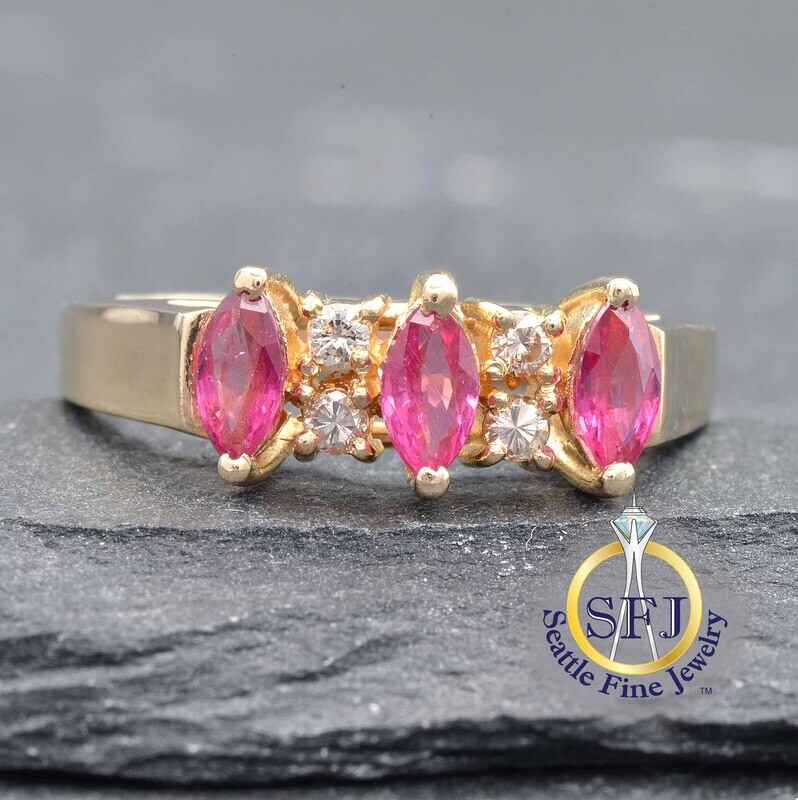 Marquise Ruby and Diamond 3-Stone Ring, Solid 14K Yellow Gold