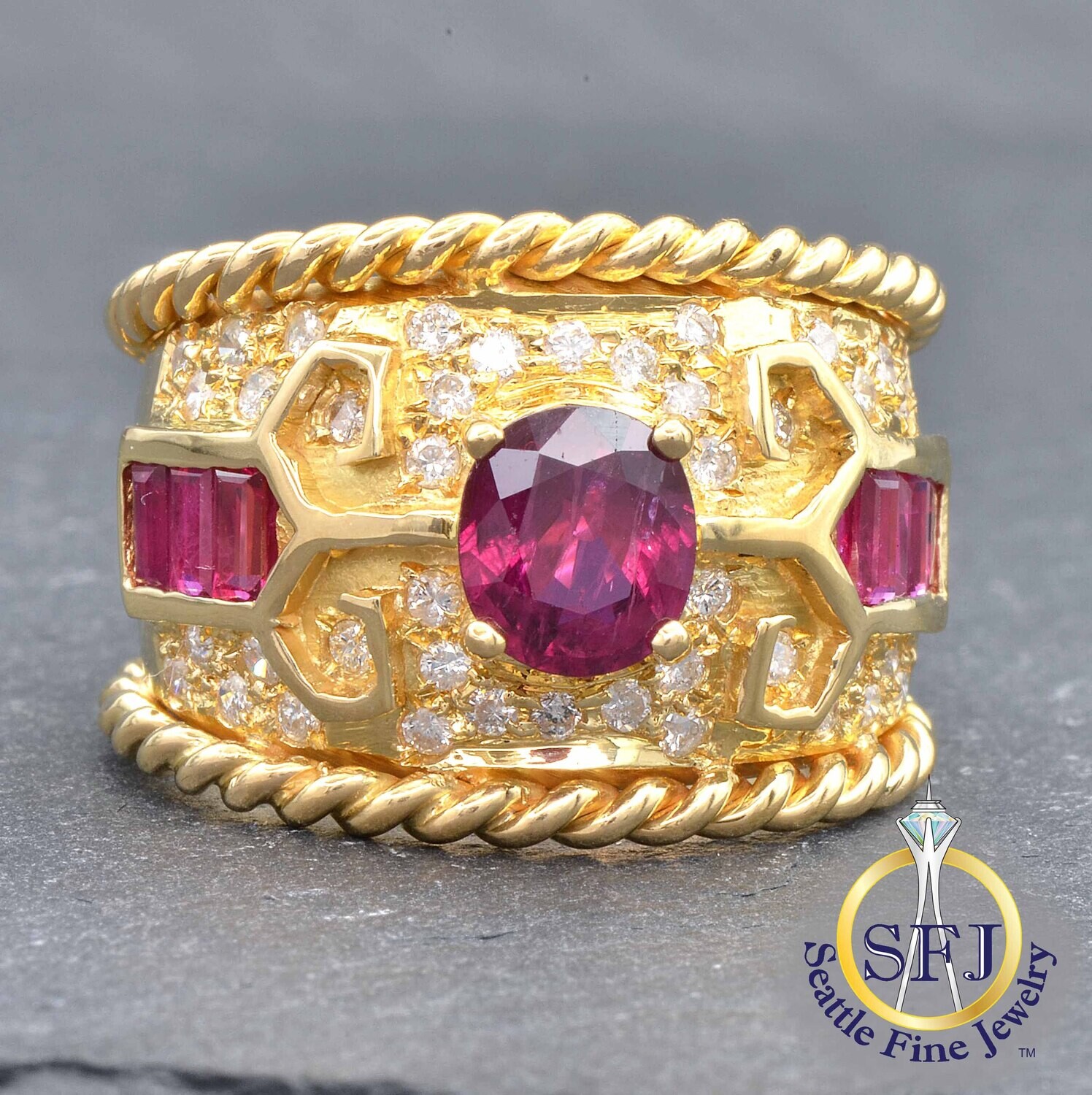 Ruby and Diamond Geometric Detailed Rope-Edge Wide Band Custom Ring, Solid 18K Yellow Gold