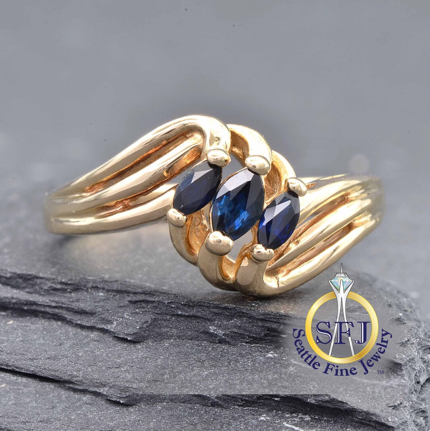 Sapphire 3-stone Ring, Solid 10k Yellow Gold