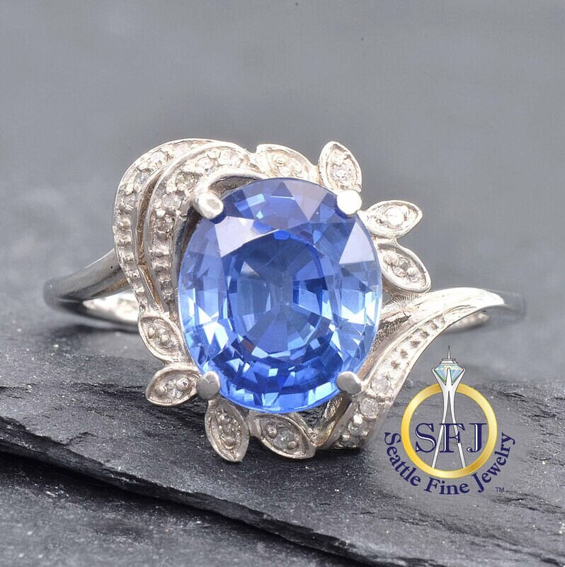 Sapphire and Diamond Accented Botanical Ring, Solid Sterling Silver