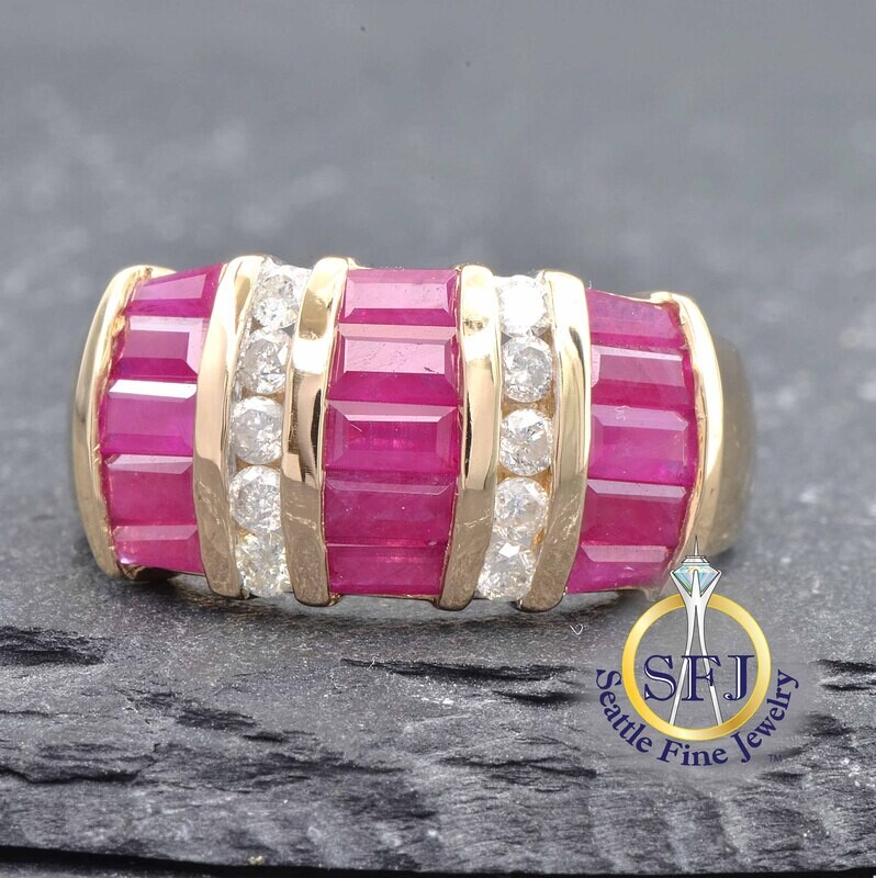 Baguette Ruby and Round Diamond Alternating Row Ring, Solid 14K Yellow Gold
