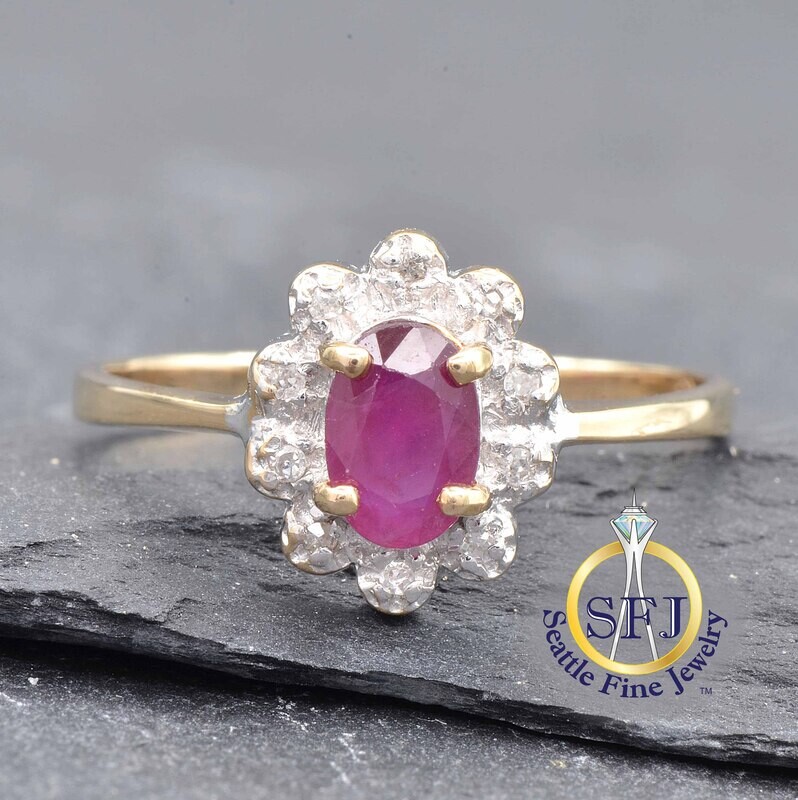 Ruby and Diamond Halo Ring, Solid 10K Yellow Gold