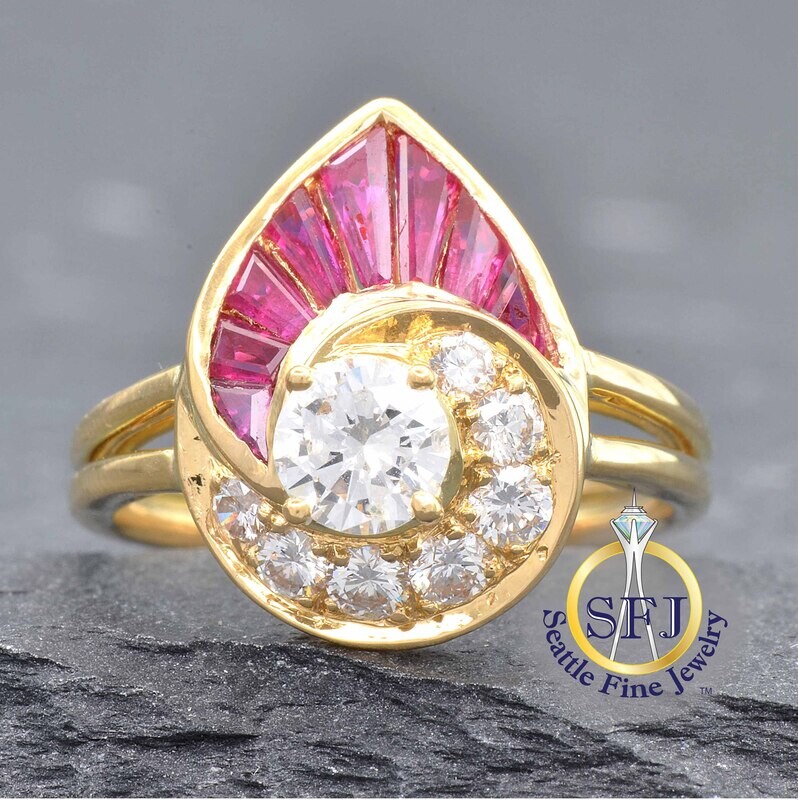 Art Deco Ruby and Diamond Ring, Solid 14K Yellow Gold