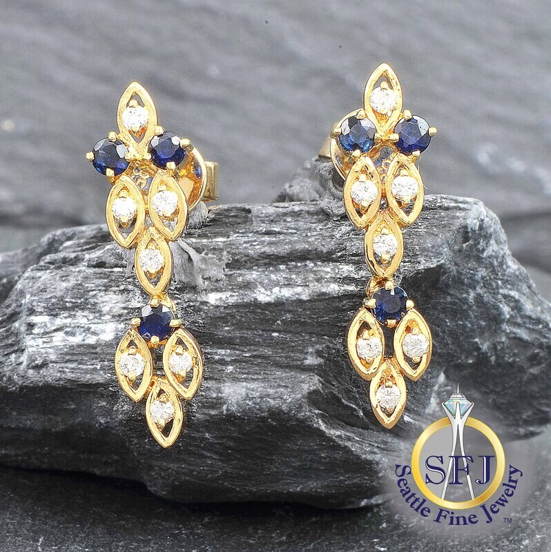 Sapphire and Diamond Marquise Cluster Drop Earrings, Solid 14K Yellow Gold