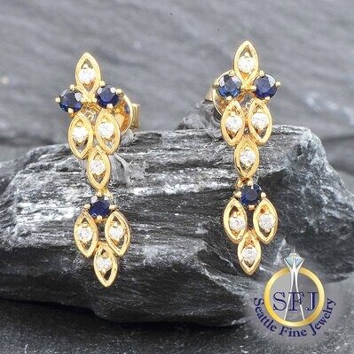 Sapphire and Diamond Earrings, Solid 14k Yellow Gold