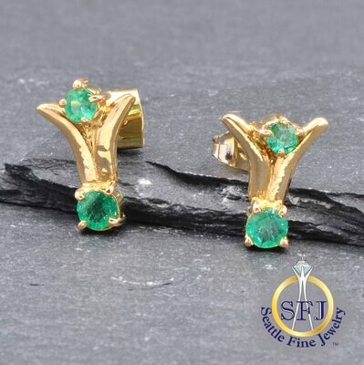 Art Deco Emerald Drop Earrings, 18K Solid Yellow Gold