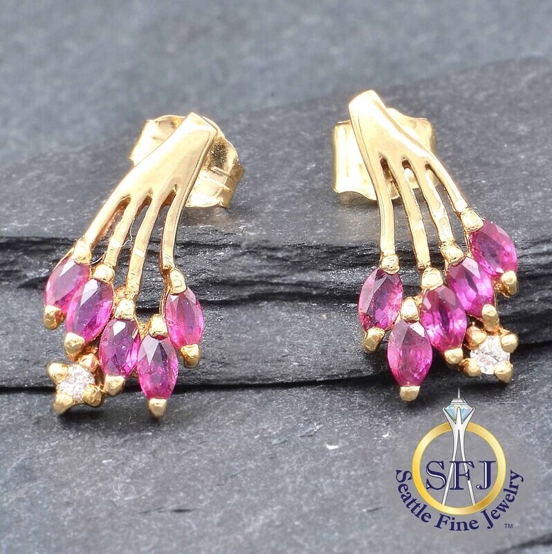 Marquise Ruby and Diamond Comet Tail Cluster Earrings, Solid 14K Yellow Gold