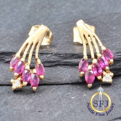 Ruby and Diamond Cherry Cluster Earrings, Solid 14k Yellow Gold