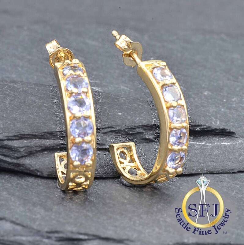 Tanzanite J-Hoop Filigree Earrings, Solid 14K Yellow Gold