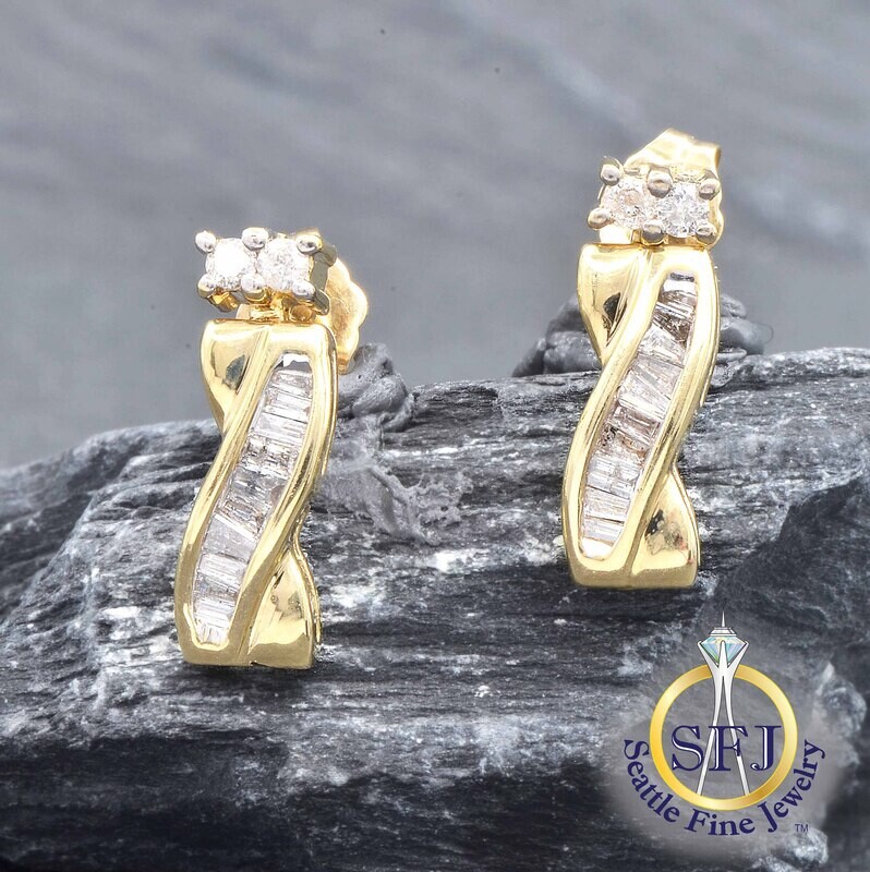 Diamond Wave Drop Earrings, Solid 14K Yellow Gold