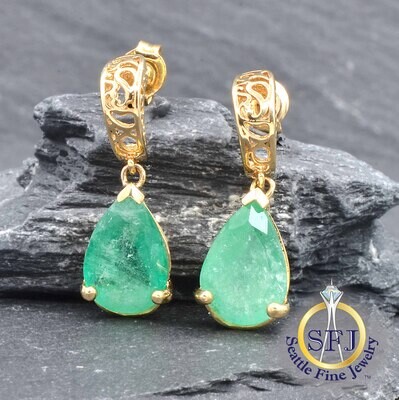 Pear Emerald Drop Earrings, 14K Solid Yellow Gold