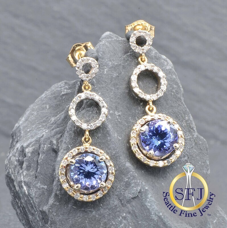 Tanzanite and Diamond Halo Chandelier Drop Earrings, Solid 14K Yellow Gold