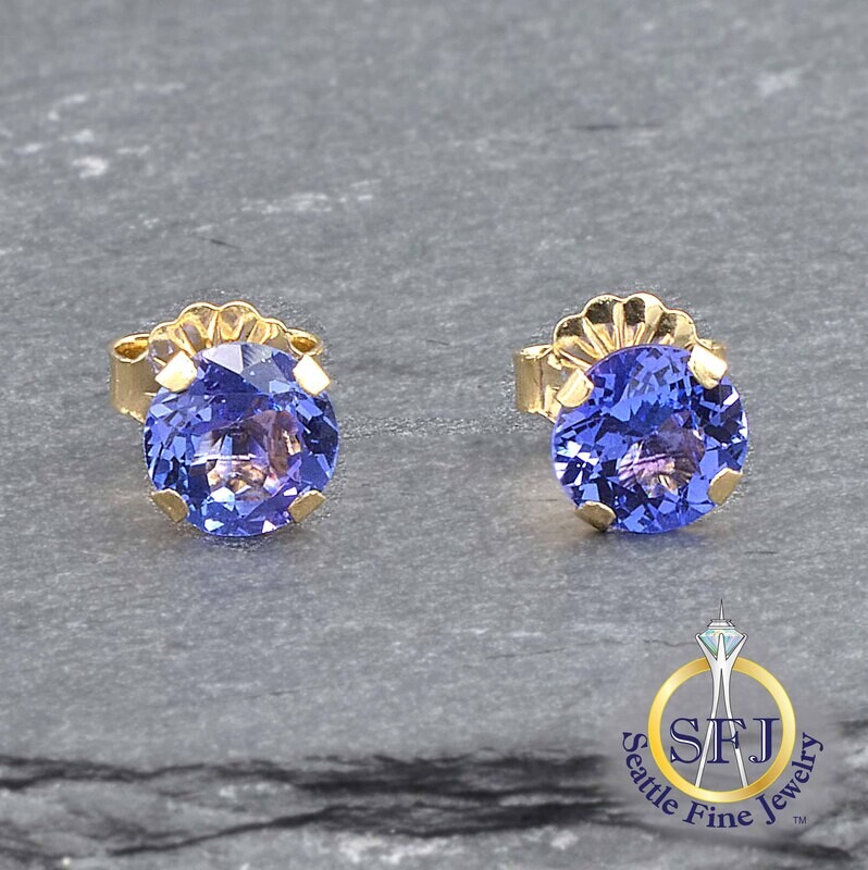 Tanzanite Stud Earrings, Solid 14K Yellow Gold