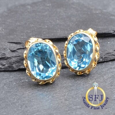 Oval Topaz Earrings, Rope Detail Solid Yellow Gold