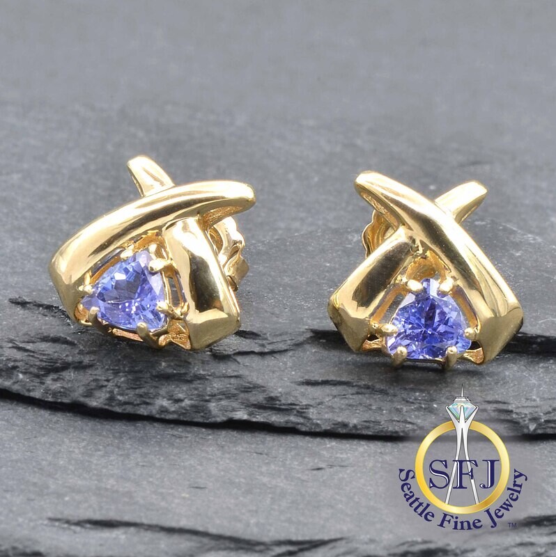 Tanzanite Trilliant Earrings 14K Solid Yellow Gold