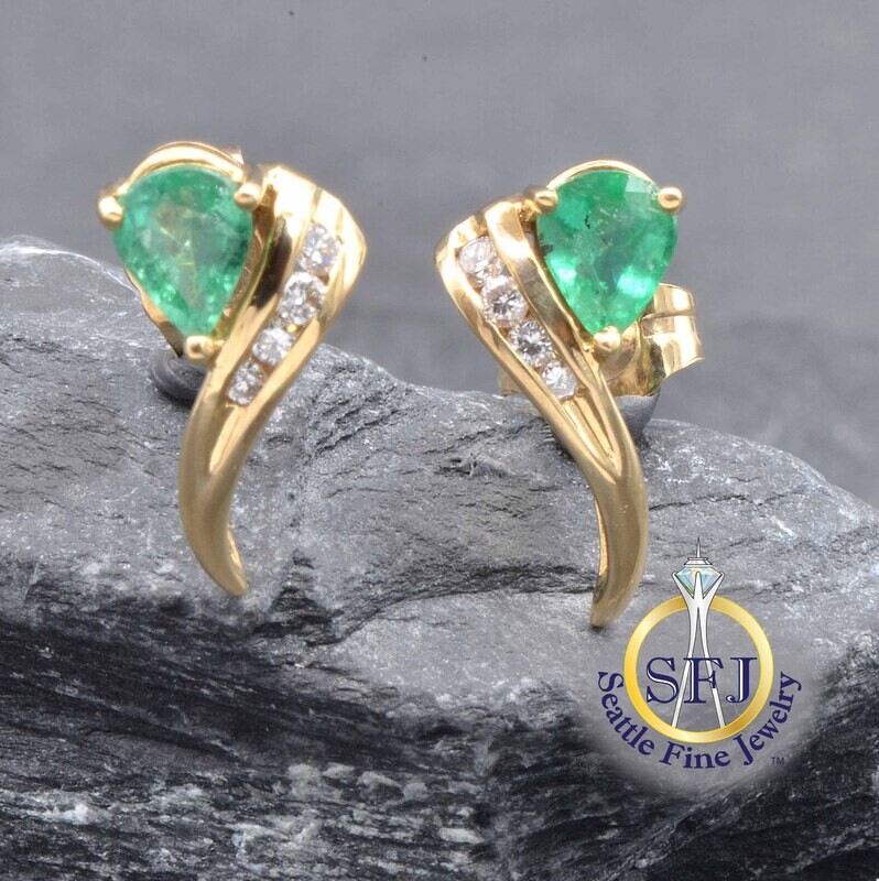 Pear Emerald and Diamond Curved Earrings, Solid 14K Yellow Gold