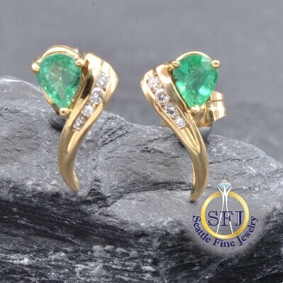 Pear Cut Emerald & Diamond Earrings, Solid 14K Yellow Gold