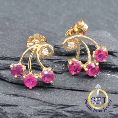 Ruby Cherry Cluster Earrings Diamond Accents, Solid 14K Yellow Gold