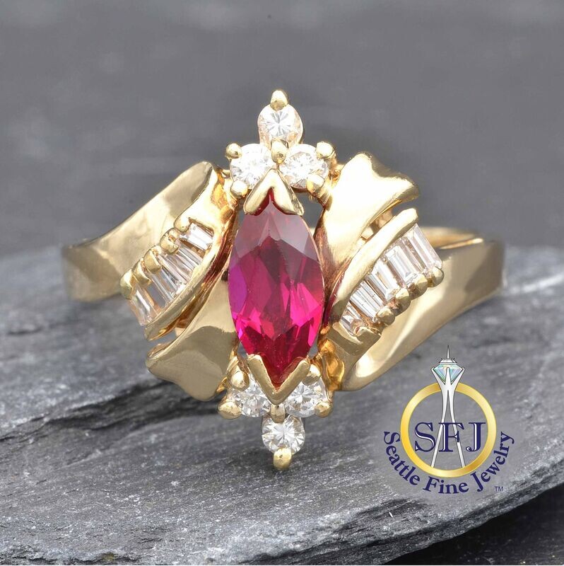 Marquise Ruby and Diamond Bypass Halo Ring, Solid 14K Yellow Gold