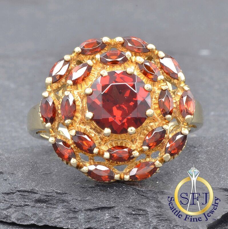 Garnet Cluster Cocktail Ring, Solid 10K Yellow Gold