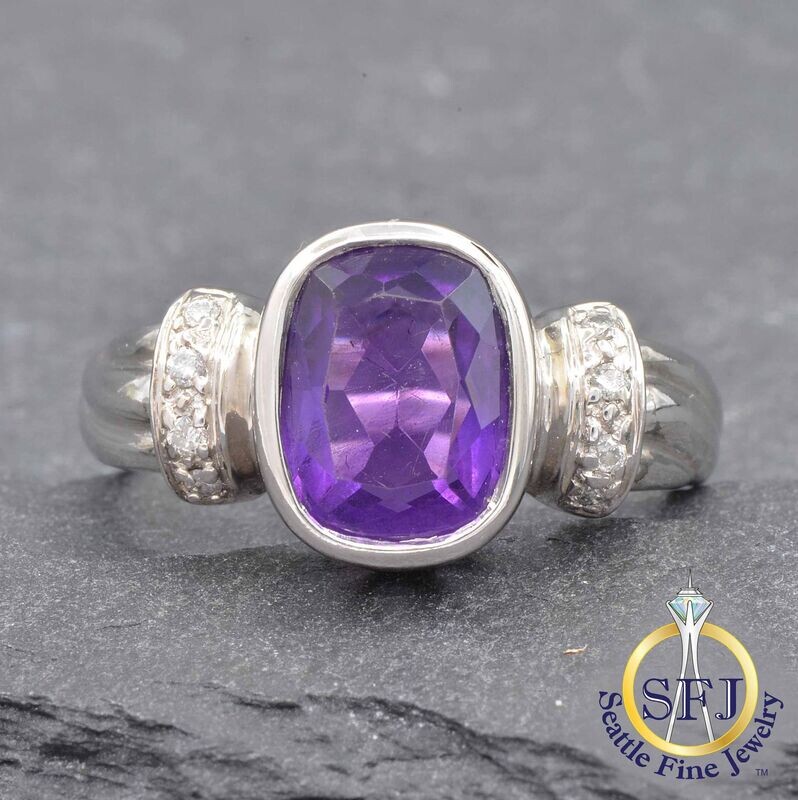 Amethyst and Diamond Ring, Solid 14K White Gold