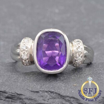 Amethyst and Diamond Ring, Solid 14k White Gold