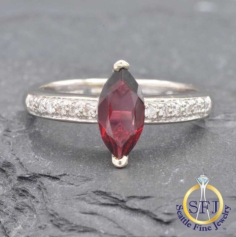 Marquise Garnet and Diamond Ring, Solid 14K White Gold