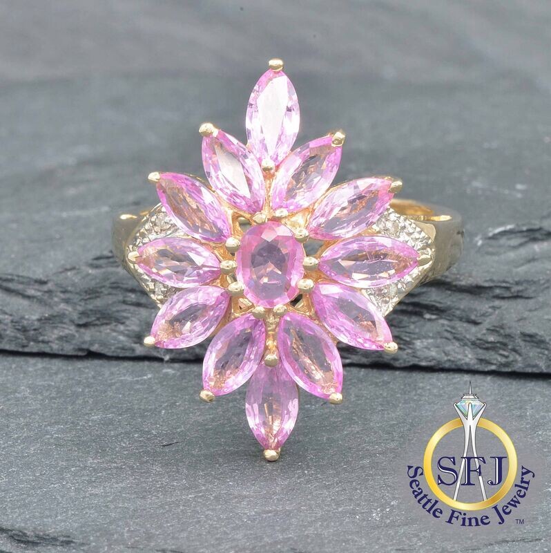 Pink Topaz and Diamond Marquise Cluster Ring, Solid 14K Yellow Gold