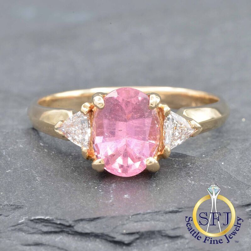 Pink Tourmaline and Diamond Ring, Solid 14K Yellow Gold