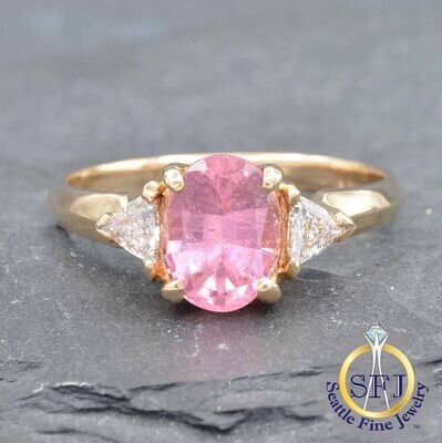 Pink Tourmaline and Diamond Ring, Solid 14k Yellow Gold
