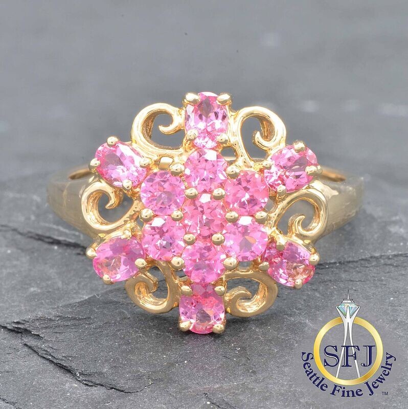 Pink Topaz Filigree Cluster Ring, Solid 14K Yellow Gold
