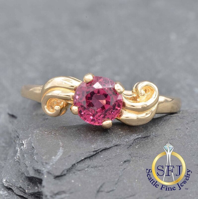 Rhodolite Garnet Solitaire Filigree Bypass Ring, Solid 14K Yellow Gold