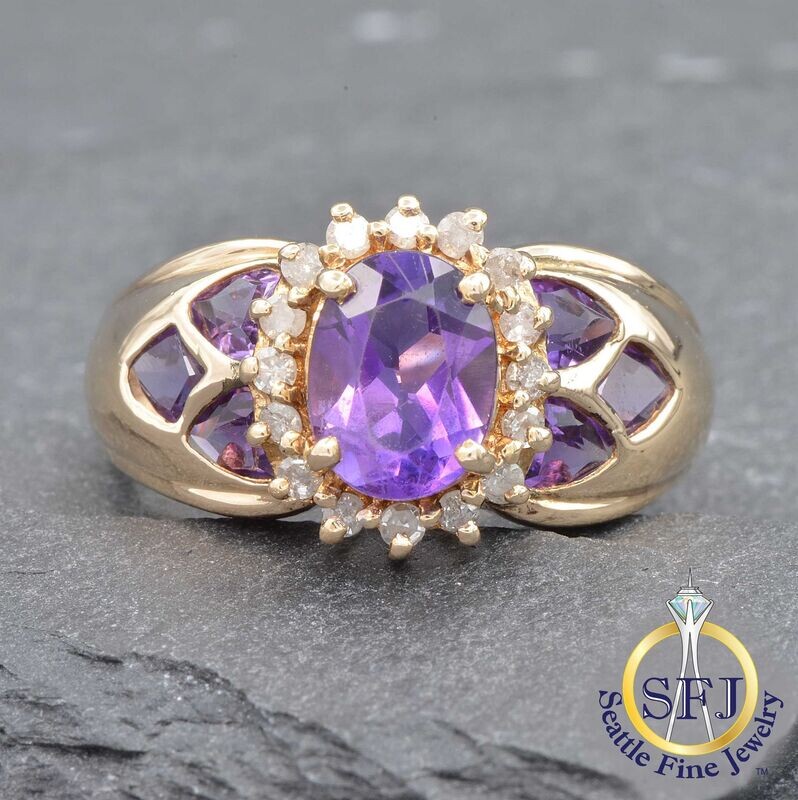 Amethyst and Diamond Piercework Halo Ring, Solid 14K Yellow Gold