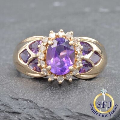 Amethyst and Diamond Ring, Solid 14k Yellow Gold