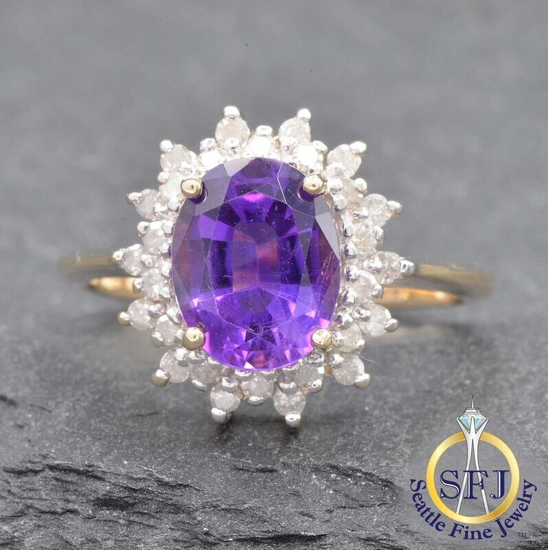 Amethyst and Diamond Halo Ring, Solid 14K Yellow Gold