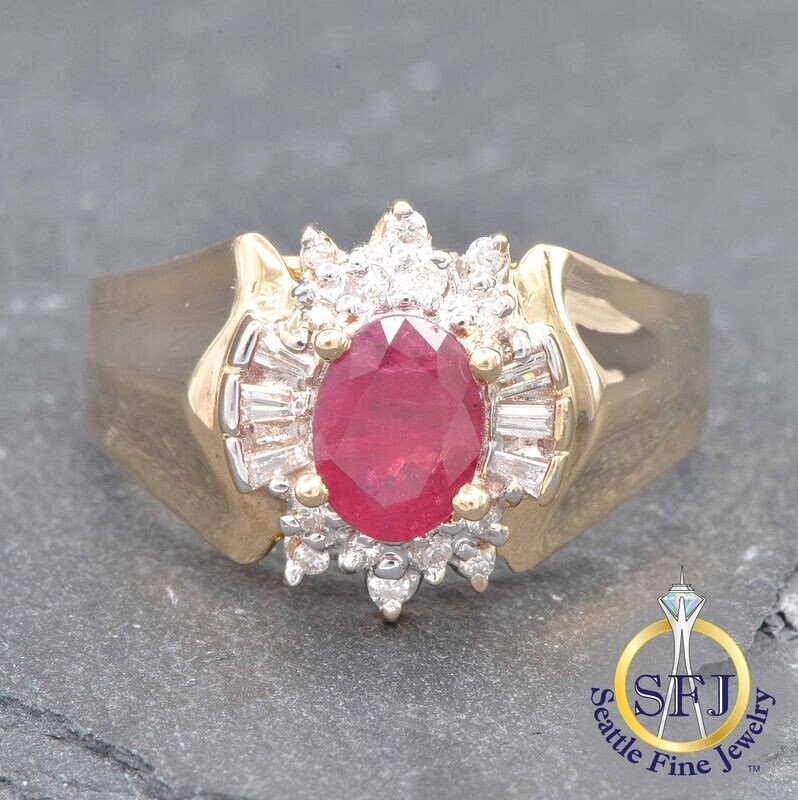 Ruby and Diamond Halo Ring, Solid 14K Yellow Gold