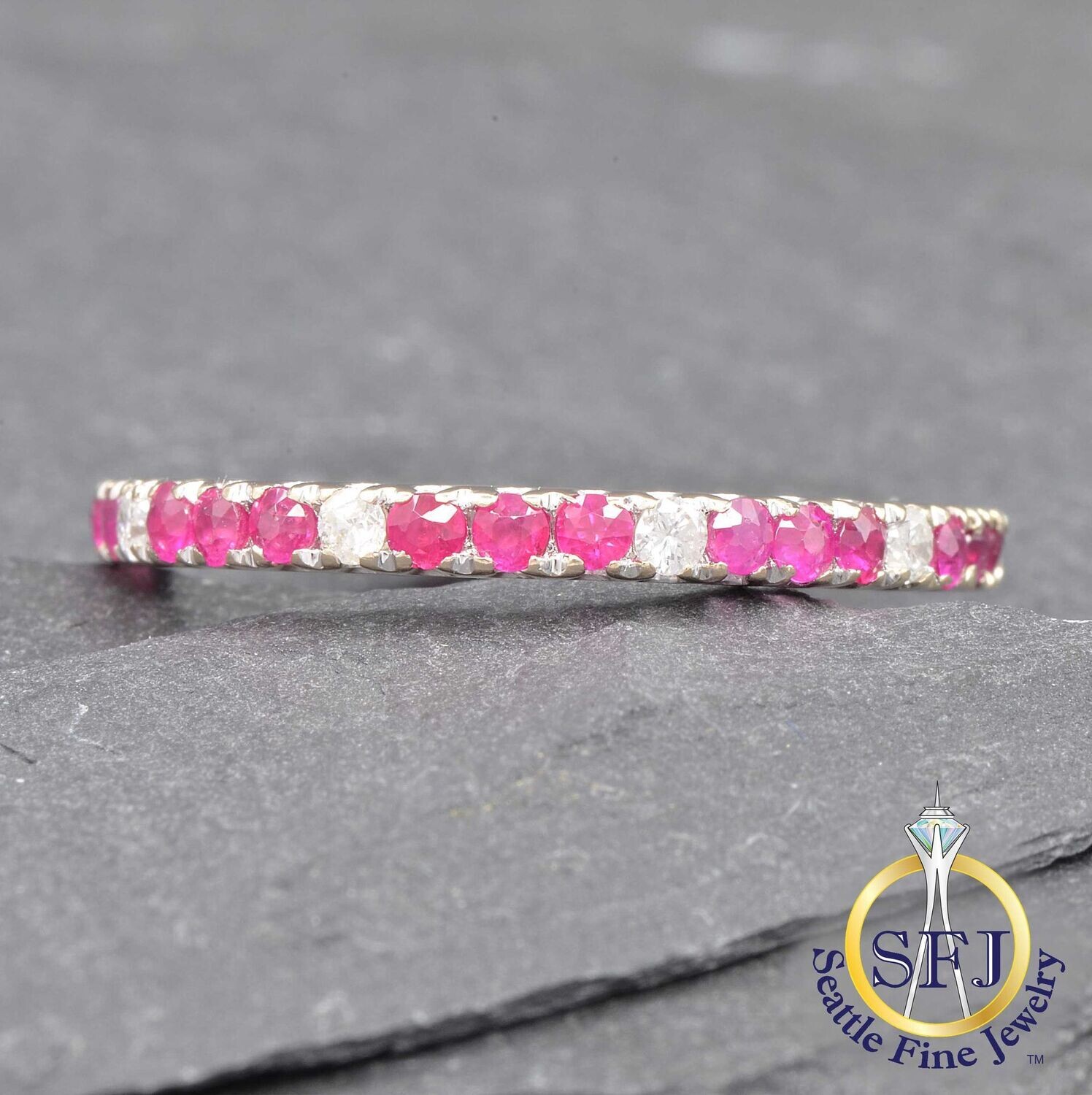 Ruby and Diamond Eternity Band Ring, Solid 18K White Gold