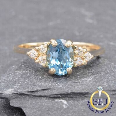 Blue Topaz and Diamond Ring, Solid 14k Yellow Gold