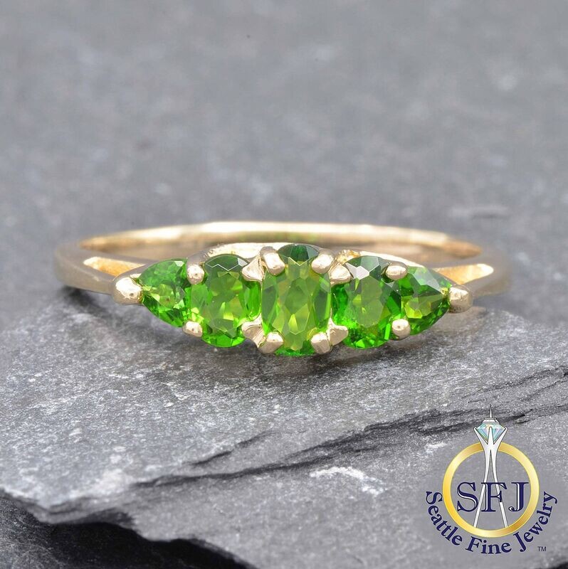Tsavorite Garnet 5-Stone Row Ring, Solid 14K Yellow Gold