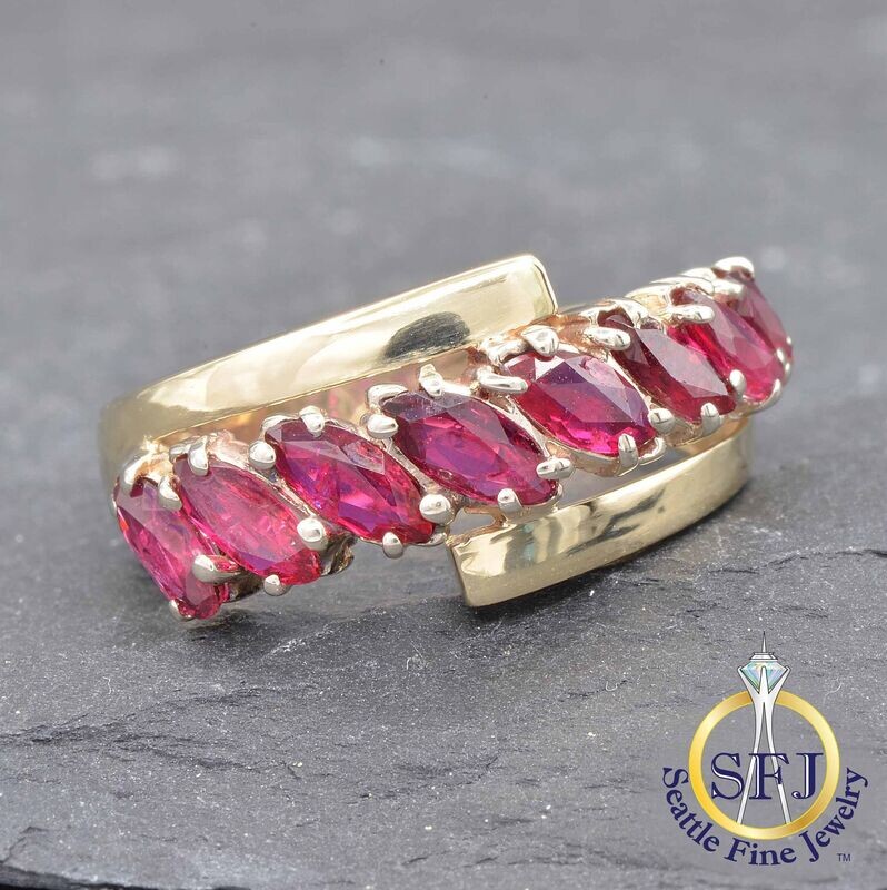 Marquise Ruby 7-Stone Row Ring, Solid 14K Yellow Gold