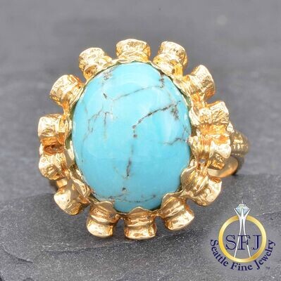 Turquoise Solitaire Fluted Gold Halo Custom Ring, Solid 22K Yellow Gold