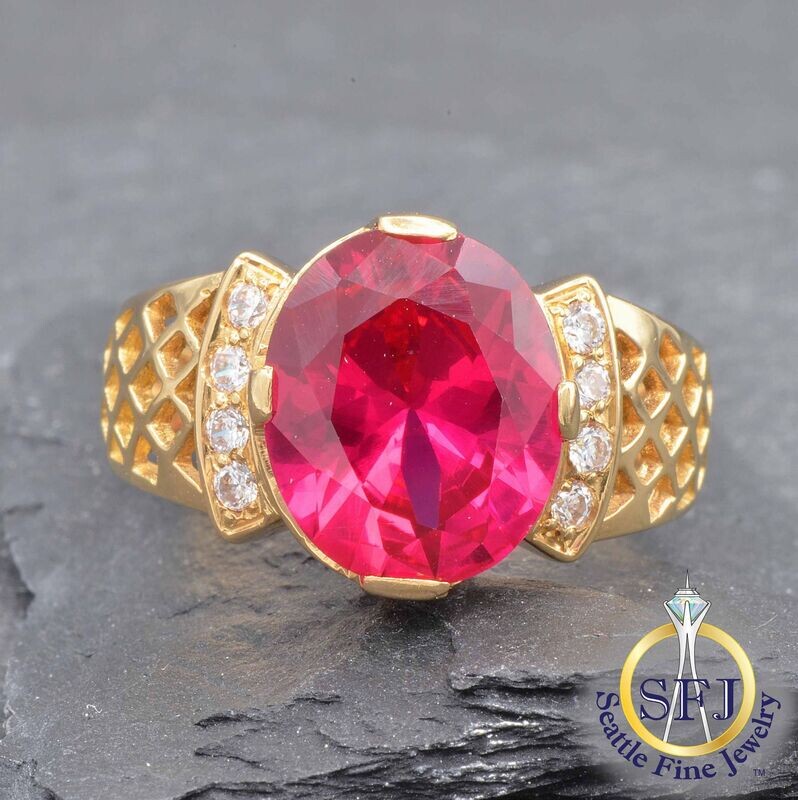 Ruby and CZ Solitaire Ring, Solid 10K Yellow Gold