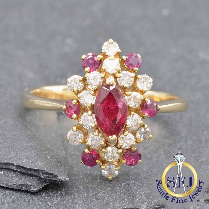 Marquise Ruby and Diamond Halo Ring, Solid 14K Yellow Gold