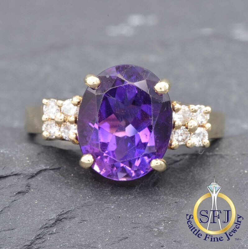 Amethyst and Diamond Ring, Solid 14K Yellow Gold