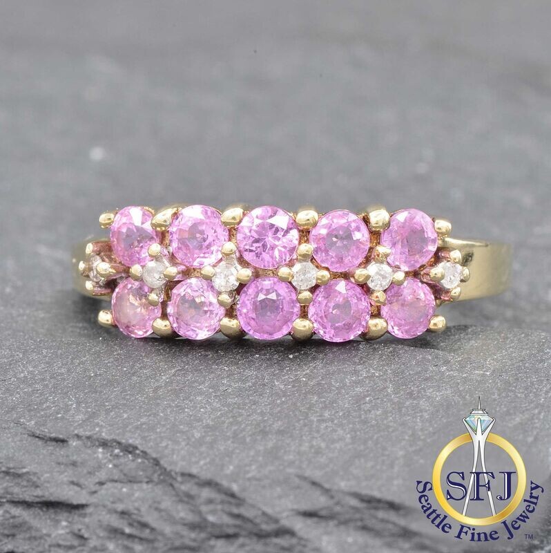 Pink Sapphire and Diamond 2-Row Ring, Solid 10K Yellow Gold