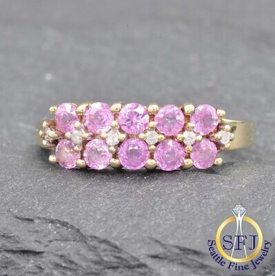 Pink Sapphire and Diamond Ring, Solid 10k Yellow Gold