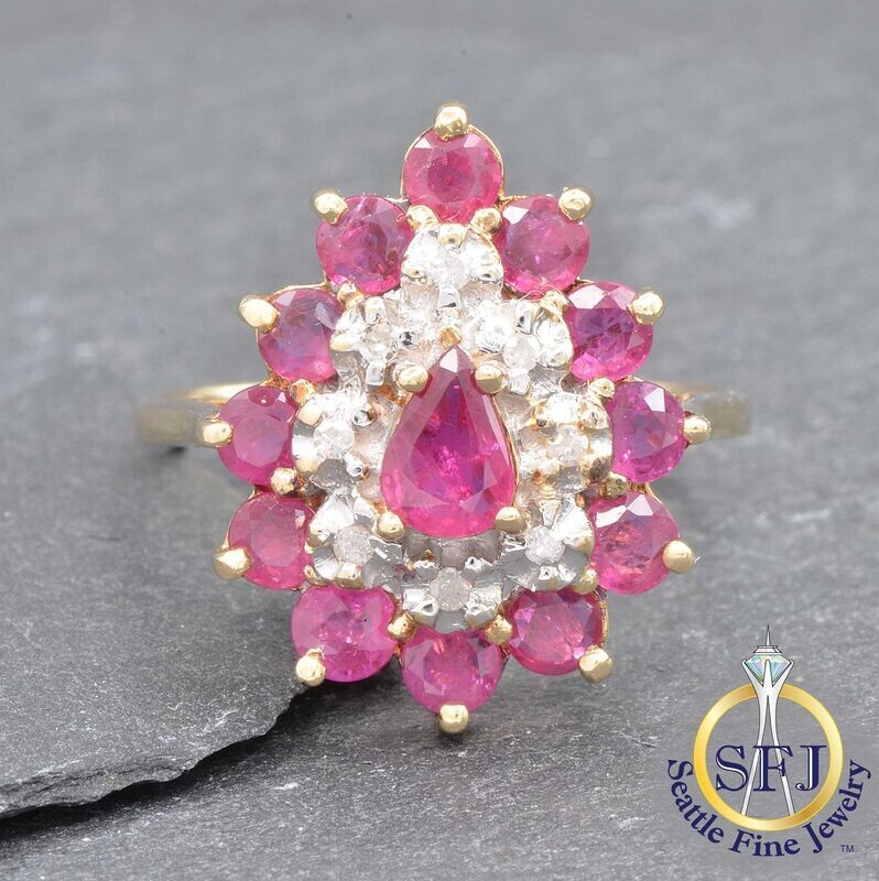 Ruby and Diamond Pear Cluster Halo Ring, Solid 14K Yellow Gold